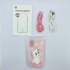 Wholesale A10 kids touchscreen smartphone-shaped camera package including pink unicorn case, cable and manual for B2B buyers.