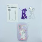 Wholesale A10 kids touchscreen smartphone-shaped camera package including purple unicorn case, cable and manual for B2B buyers.