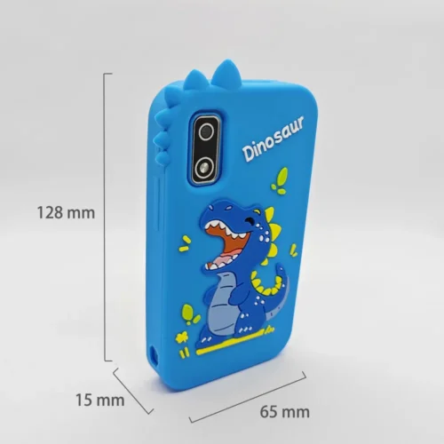 Qisora Green Monster Dino A10 kids touchscreen smartphone dimensions: 65 mm long, 15 mm wide, 128 mm high.