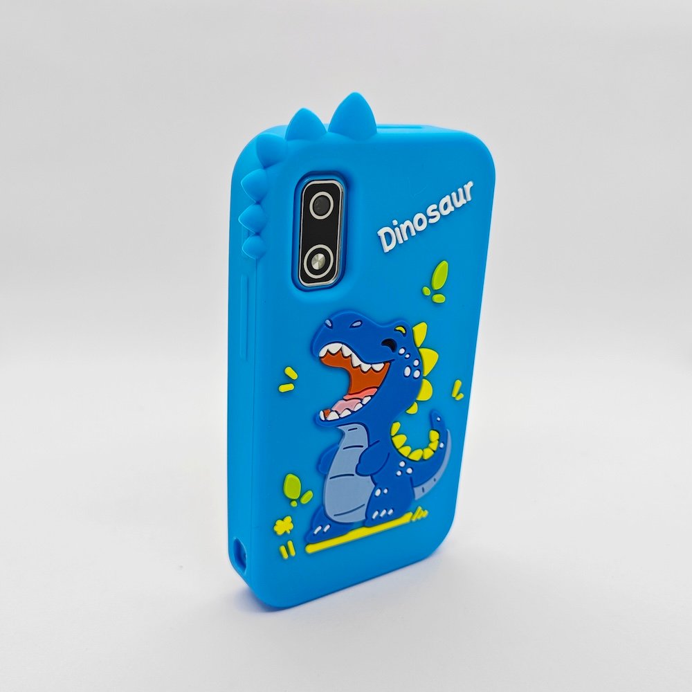 A10 kids touchscreen smartphone-shaped camera dino blue front Professional B2B supplier of A10 touchscreen phone-shaped camera with blue laughing dinosaur case for international retailers.