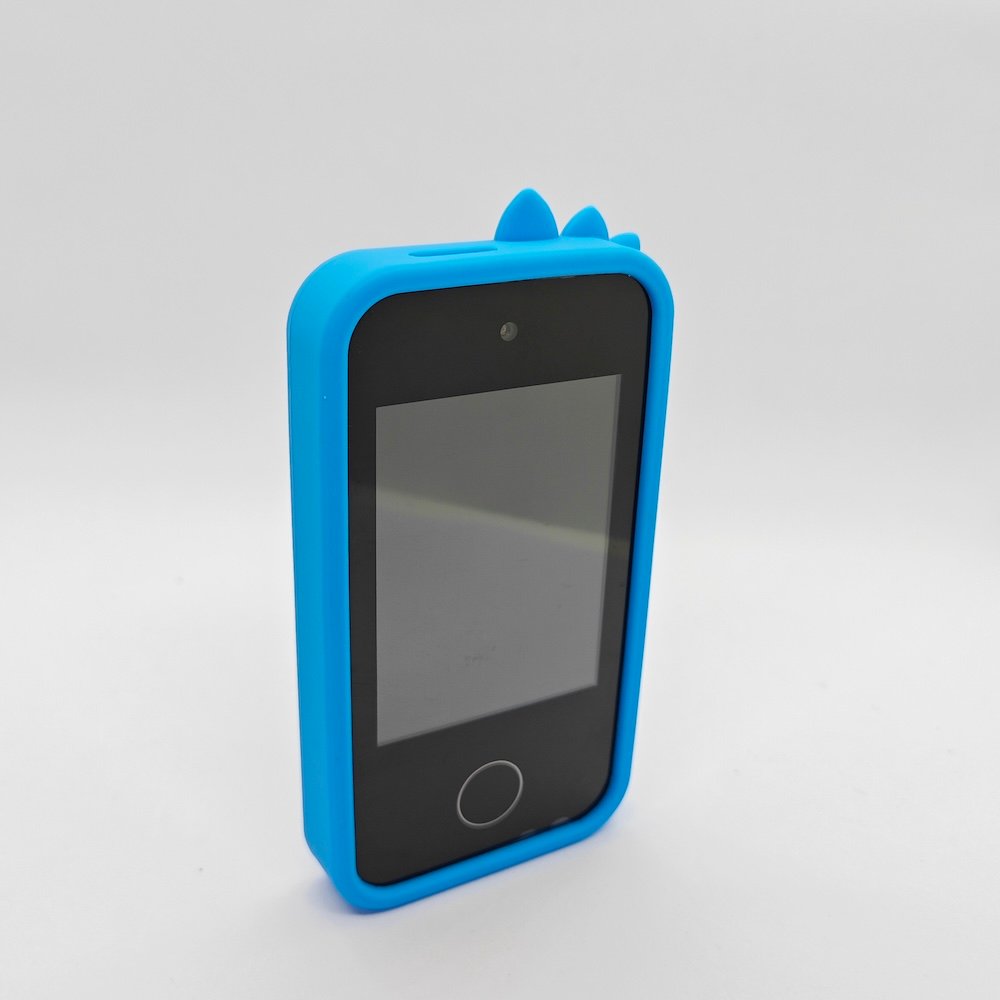 Wholesale A10 smartphone-shaped kids camera with touchscreen function in blue dinosaur silicone case.