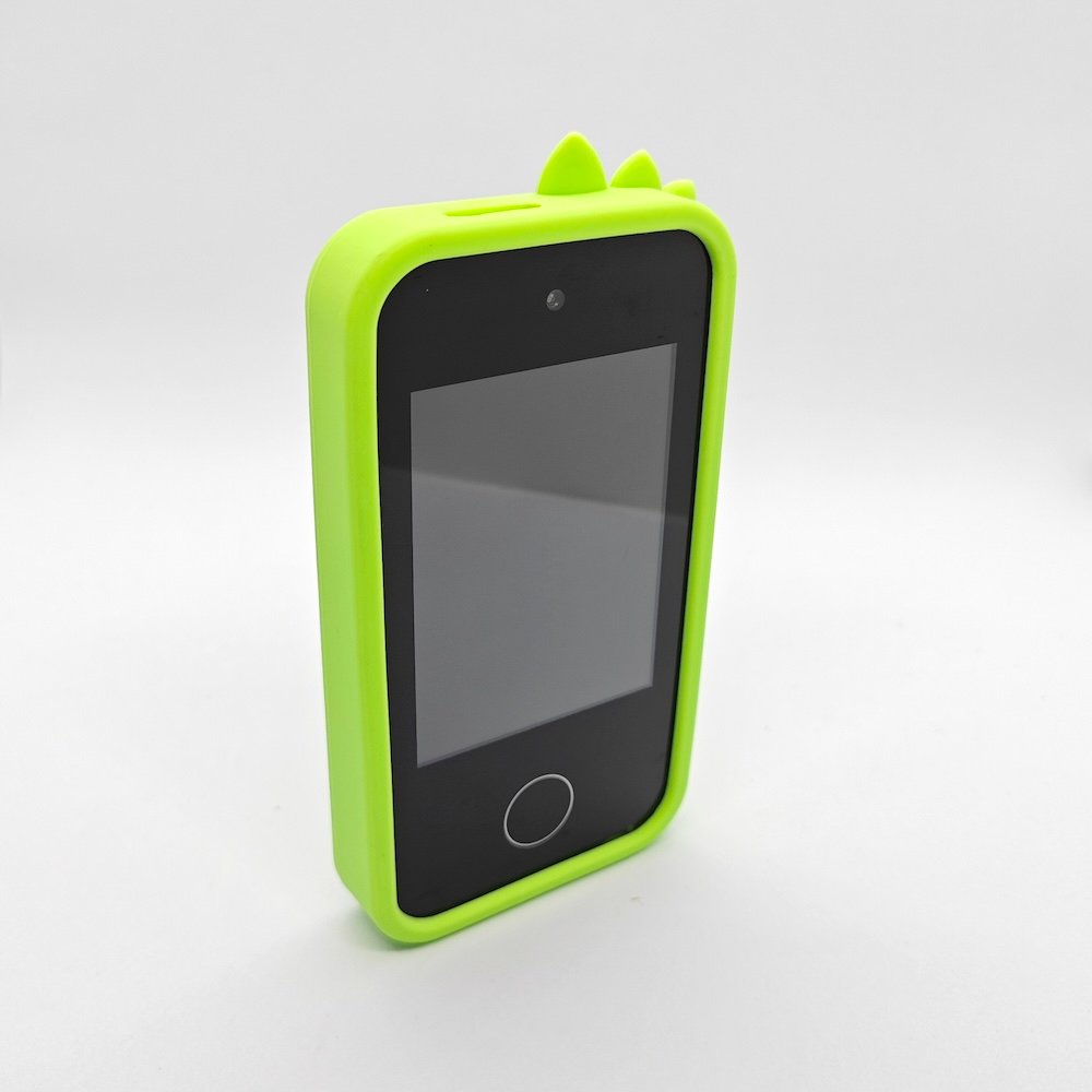 Wholesale A10 smartphone-shaped kids camera with touchscreen function in green dinosaur silicone case.
