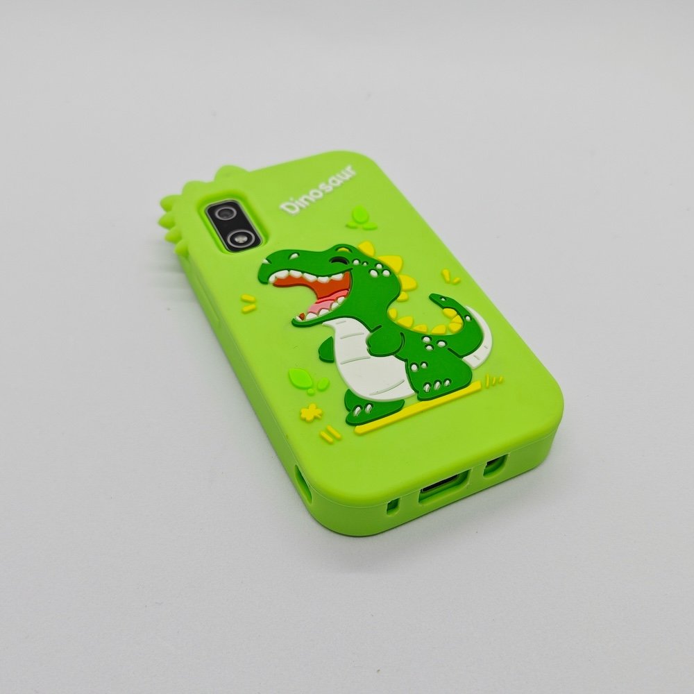 Bulk buy compliant A10 kids' touchscreen phone-shaped camera with green llaughing dinosaur case for toys distributors.