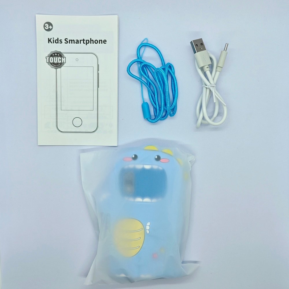 Full kit of A10 monster dinosaur smartphone-shaped camera in blue with lanyard and cable for toy distributors.