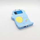 Top view of A10 smartphone-style kids camera featuring soft monster dinosaur protective cover in blue for toy retailers.