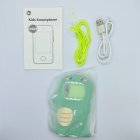 Full kit of A10 monster dinosaur smartphone-shaped camera in green with lanyard and cable for toy distributors.