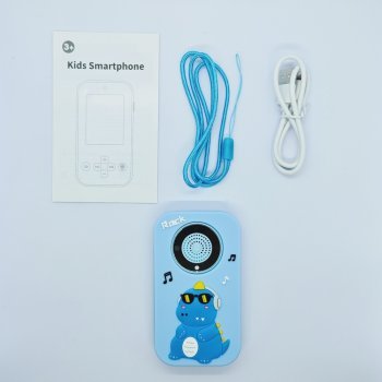 Wholesale A20 kids toy smartphone set featuring blue dinosaur case, matching lanyard and USB cable.