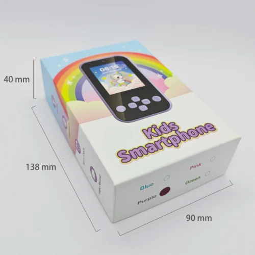 Qisora A20 kids smartphone packaging box dimensions: 90 mm long, 40 mm wide, 138 mm high.
