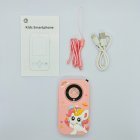 Wholesale A20 kids toy smartphone set featuring pink unicorn case, matching lanyard and USB cable.