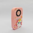 CE/RoHS/FCC certified A20 kids smartphone-shaped camera with durable pink unicorn silicone protector for toy distributors.