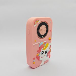 CE/RoHS/FCC certified A20 kids smartphone-shaped camera with durable pink unicorn silicone protector for toy distributors.
