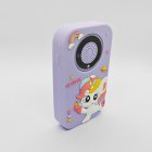 CE/RoHS/FCC certified A20 kids smartphone-shaped camera with durable purple unicorn silicone protector for toy distributors.