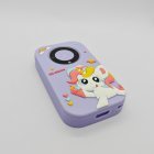 A20 purple kids phone-shaped camera top view showing high-quality speaker and cute unicorn patterns, ideal for toy importers.
