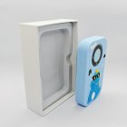 CE/RoHS certified A20 kids phone-shaped camera with blue dinosaur case and protective packaging box.
