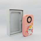 CE/RoHS certified A20 kids phone-shaped camera with pink unicorn case and protective packaging box.