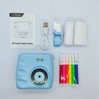 Wholesale Q8 blue instant print kids camera set with thermal paper, coloring pens, lanyard, manual and USB cable.