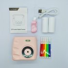 Wholesale Q8 pink instant print kids camera set with thermal paper, coloring pens, lanyard, manual and USB cable.