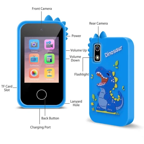 Qisora Blue Dino A10 kids touchscreen smartphone diagram showing the product structure, including power button, volume buttons, dual lens, flashlight, charging port, and TF card slot.