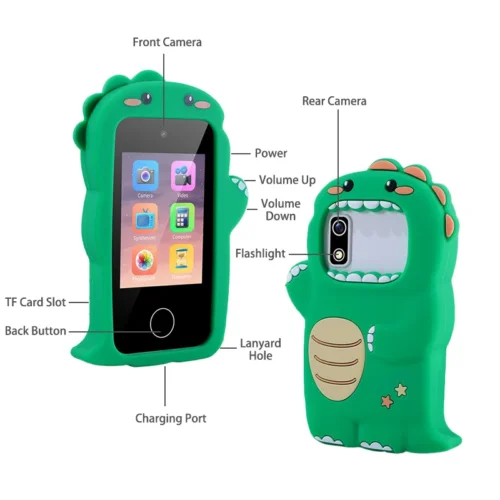 Qisora Green Monster Dino A10 kids touchscreen smartphone diagram showing the product structure, including power button, volume buttons, dual lens, flashlight, charging port, and TF card slot.