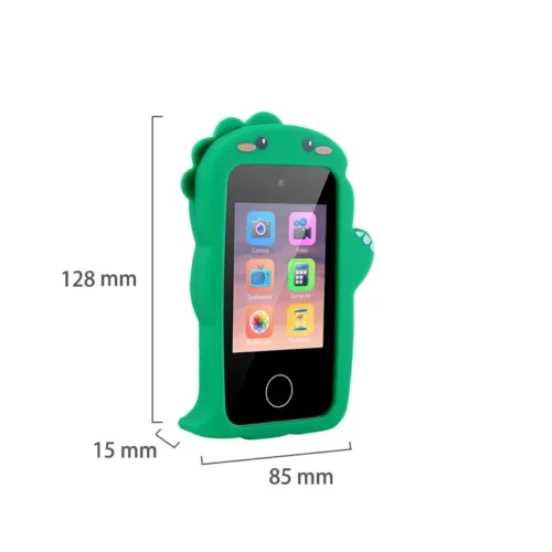 Qisora Green Monster Dino A10 kids touchscreen smartphone dimensions: 85 mm long, 15 mm wide, 128 mm high.