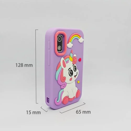 Qisora Purple Unicorn A10 kids touchscreen smartphone dimensions: 65 mm long, 15 mm wide, 128 mm high.