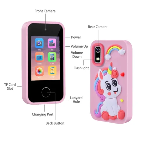 Qisora Pink Unicorn A10 kids touchscreen smartphone diagram showing the product structure, including power button, volume buttons, dual lens, flashlight, charging port, and TF card slot.