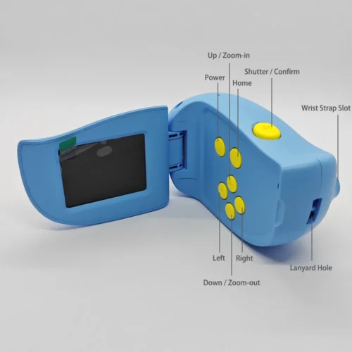 Qisora A100R kids handheld DV camera open angle diagram showing the product structure, including screen, navigation buttons, shutter button, power button, wrist strap slot, and lanyard hole.