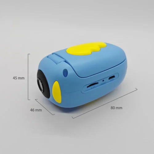 Dimension chart of the Qisora A100R kids DV camera showing its size: 80 mm length, 45 mm width, 46 mm height.