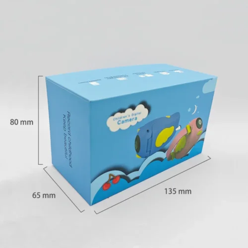 Dimension chart of the packaging box for Qisora A100R kids handheld DV camera showing its size: 135 mm length, 80 mm width, 65 mm height.