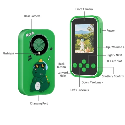 Qisora A20 Green Dino kids smartphone diagram showing the product structure, including power button, navigation buttons, dual lens, flashlight, charging port, and TF card slot.