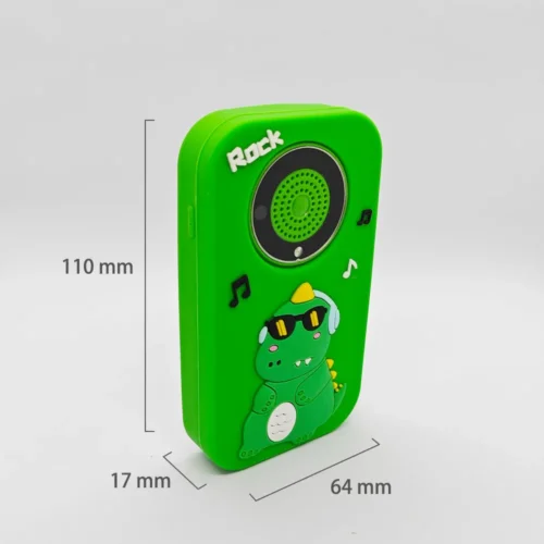 Qisora Green Dino A20 kids smartphone dimensions: 64 mm long, 17 mm wide, 110 mm high.