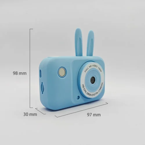 Dimension chart of the Qisora Y2 bunny kids toy camera showing its size: 97 mm length, 30 mm width, 98 mm height.