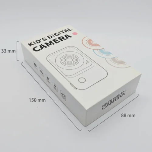 Dimension chart of the packaging box for Qisora Y23 kids digital camera with square lens showing its size: 88 mm length, 33 mm width, 150 mm height.