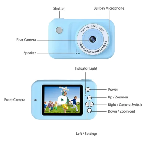 Qisora Y2 kids toy camera diagram showing the product structure, including power button, shutter button, indicator light, navigation buttons, charging port, and TF card slot.