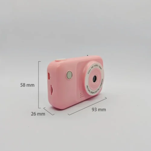 Dimension chart of the Qisora Y2 kids toy camera showing its size: 93 mm length, 26 mm width, 58 mm height.