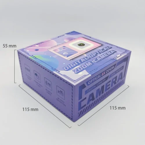 Dimension chart of the packaging box for Qisora Y23 kids digital camera with square lens showing its size: 115 mm length, 55 mm width, 115 mm height.