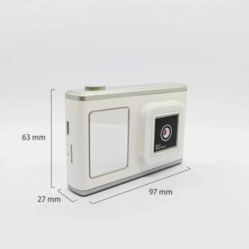 Dimension chart of the Qisora Y23 kids digital camera with square lens showing its size: 97 mm length, 27 mm width, 63 mm height.