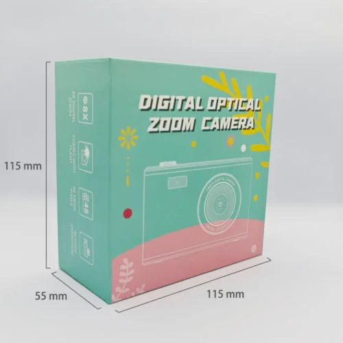 Dimension chart of the packaging box for Qisora Y25 kids digital camera showing its size: 115 mm length, 55 mm width, 115 mm height.