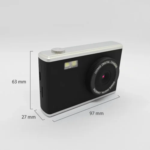 Dimension chart of the Qisora Y25 kids digital camera showing its size: 97 mm length, 27 mm width, 63 mm height.