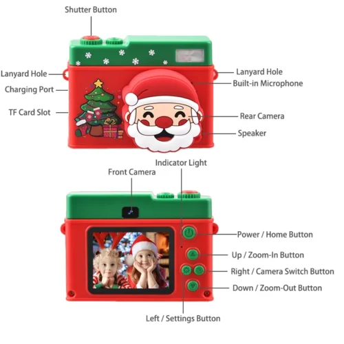 Qisora Y3 Christmas kids toy camera diagram showing the product structure, including navigation buttons, zoom in & out buttons, front & rear camera, microphone, speaker and TF card slot.