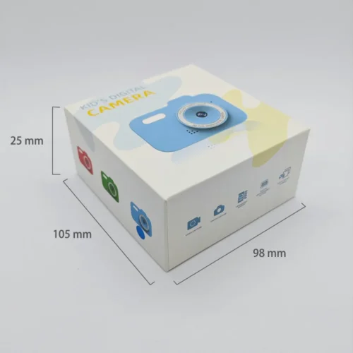 Dimension chart of the packaging box for Qisora Y8 classic kids toy camera showing its size: 98 mm length, 25 mm width, 105 mm height.