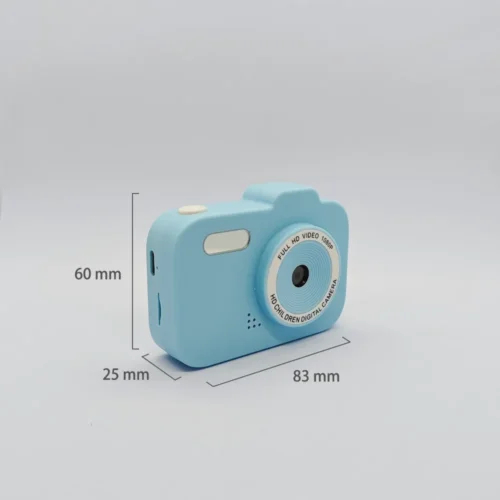 Dimension chart of the Qisora Y8 winged unicorn kids camera showing its size: 83 mm length, 25 mm width, 60 mm height.