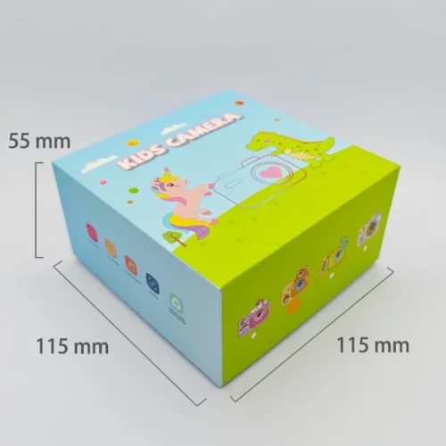 Dimension chart of the packaging box for Qisora Y8 honey bear kids camera showing its size: 115 mm length, 55 mm width, 115 mm height.