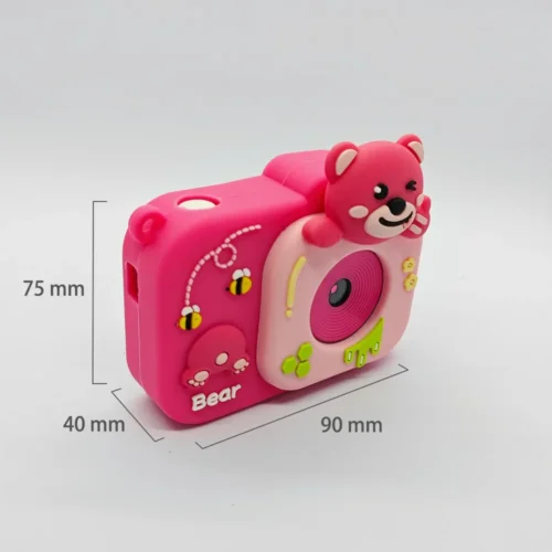 Dimension chart of the Qisora Y8 honey bear kids camera showing its size: 90 mm length, 40 mm width, 75 mm height.