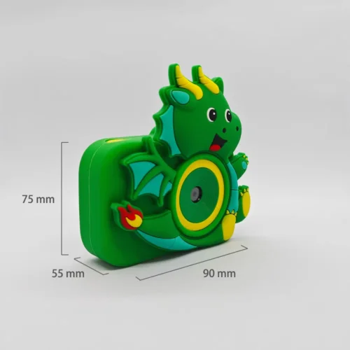 Dimension chart of the Qisora Y8 winged dragon kids camera showing its size: 90 mm length, 55 mm width, 75 mm height.