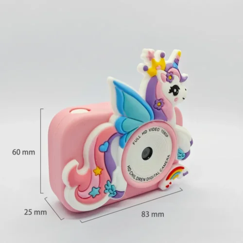 Dimension chart of the Qisora Y8 winged unicorn kids camera showing its size: 83 mm length, 25 mm width, 60 mm height.