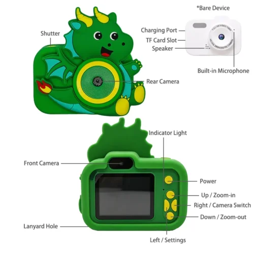 Qisora Y8 winged dragon kids digital camera diagram showing the product structure, including power button, navigation buttons, dual lens, printer paper slot, charging port, and TF card slot.