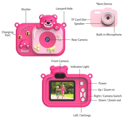 Qisora Y8 honey bear kids toy camera diagram showing the product structure, including power button, navigation buttons, dual lens, printer paper slot, charging port, and TF card slot.