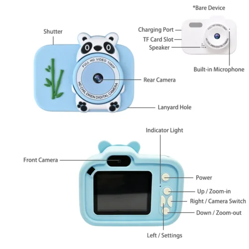 Qisora Y8 panda kids digital camera diagram showing the product structure, including power button, navigation buttons, dual lens, printer paper slot, charging port, and TF card slot.
