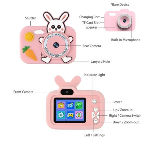 Qisora Y8 rabbit kids digital camera diagram showing the product structure, including power button, navigation buttons, dual lens, printer paper slot, charging port, and TF card slot.
